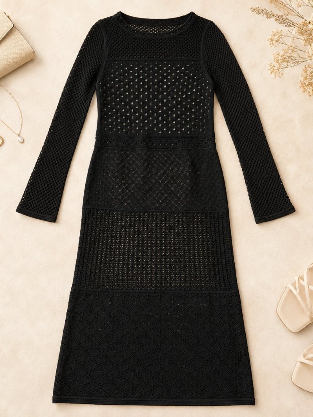 Venus Black Crochet Knit Long Sleeve Dress Size L